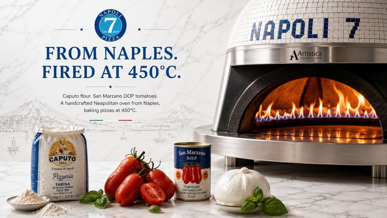 From Naples, fired at 450°C — Caputo flour, San Marzano tomatoes, Neapolitan oven